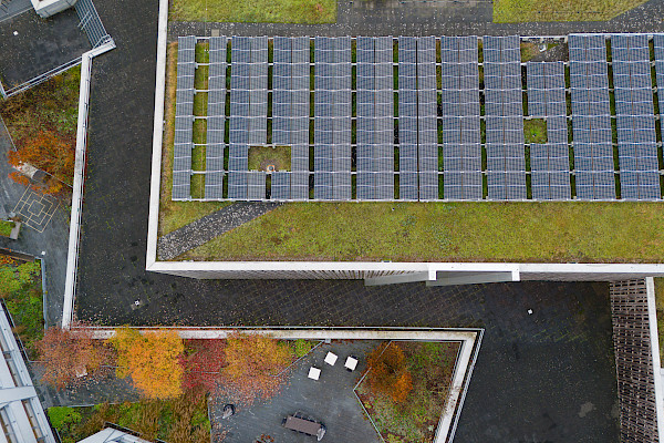 Klare Strukturen und Rhythmus: Die Solarpanels auf dem Westside Bern aus der Vogelperspektive.